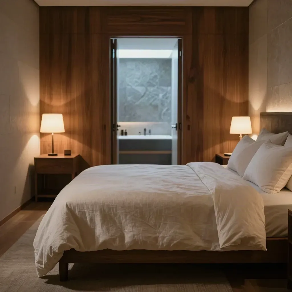 King bed room with lamps glowing and a softly lit bath doorway
