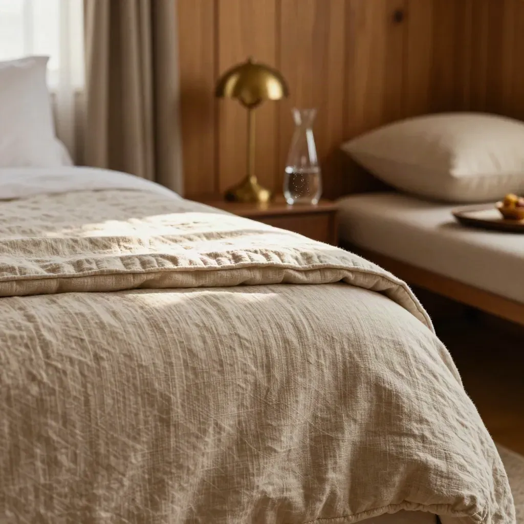 Freshly made pine-paneled guest room with linen bed, lamp, carafe, and breakfast tray in morning light.