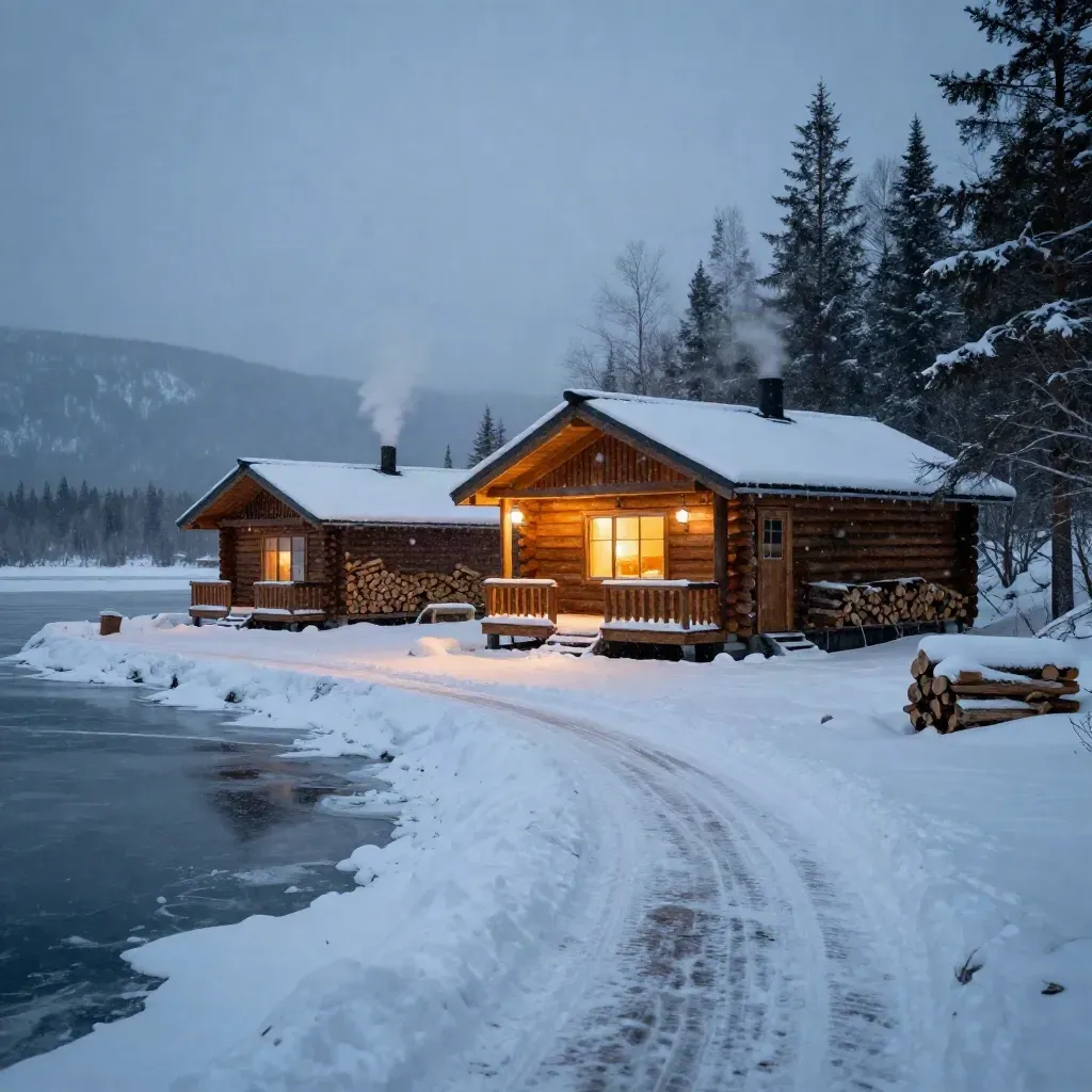 Snowy Alaska lodge cabins glow at dusk beside birch firewood and a frozen lake.