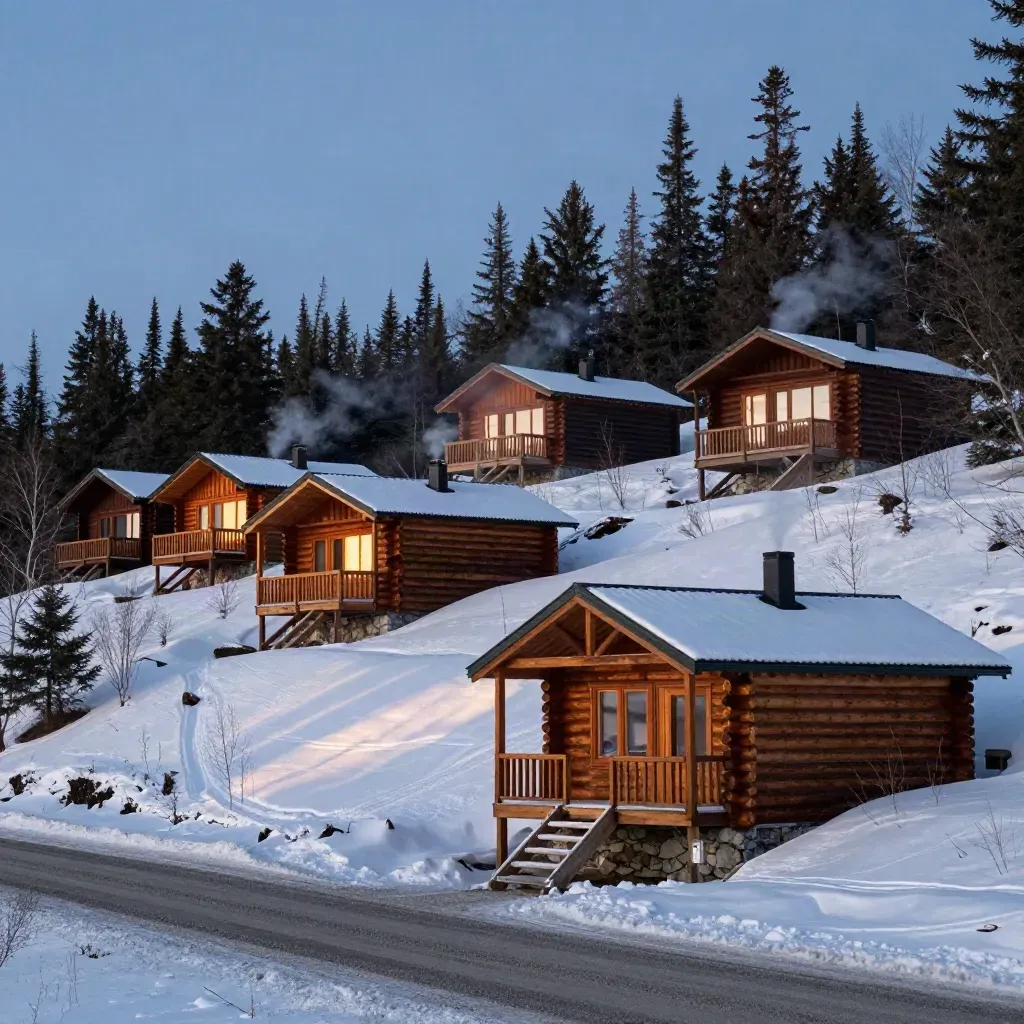 Lit log cabins on a snowy hillside at dusk with smoke and tire tracks