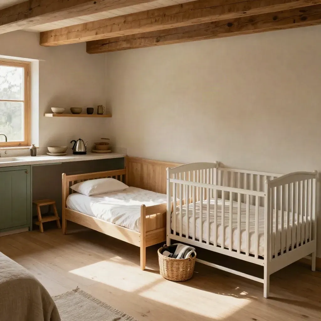 Wide family suite with crib, trundle bed, kitchen nook, step stool, and blanket basket in soft daylight.