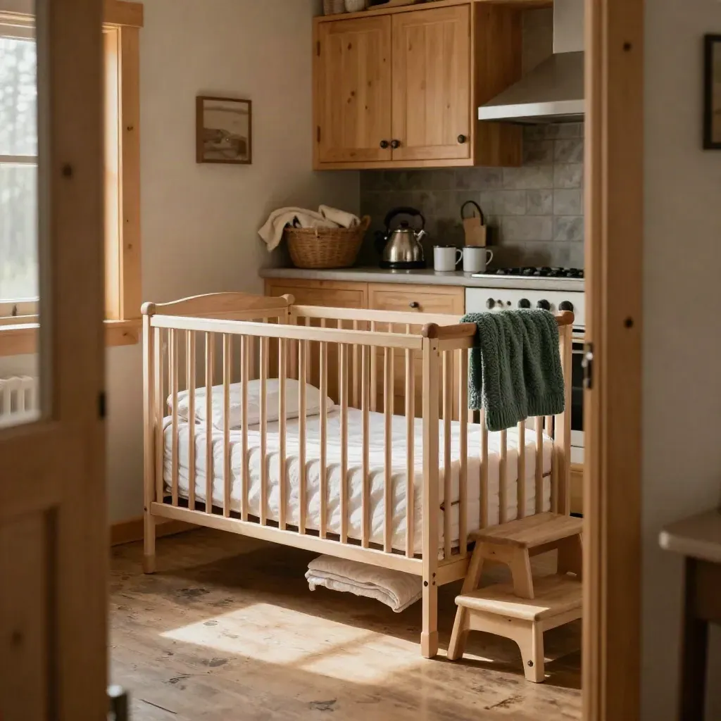 Family suite with crib, blanket basket, kitchenette, and step stool in warm light.