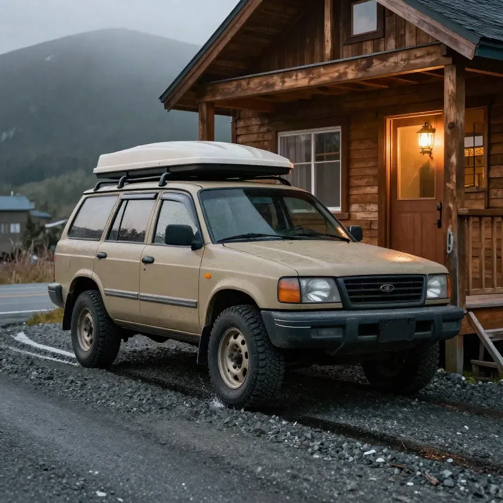 AWD vehicle at a cabin entry with lantern light, gravel pull-in, porch steps, and road mist at dusk.