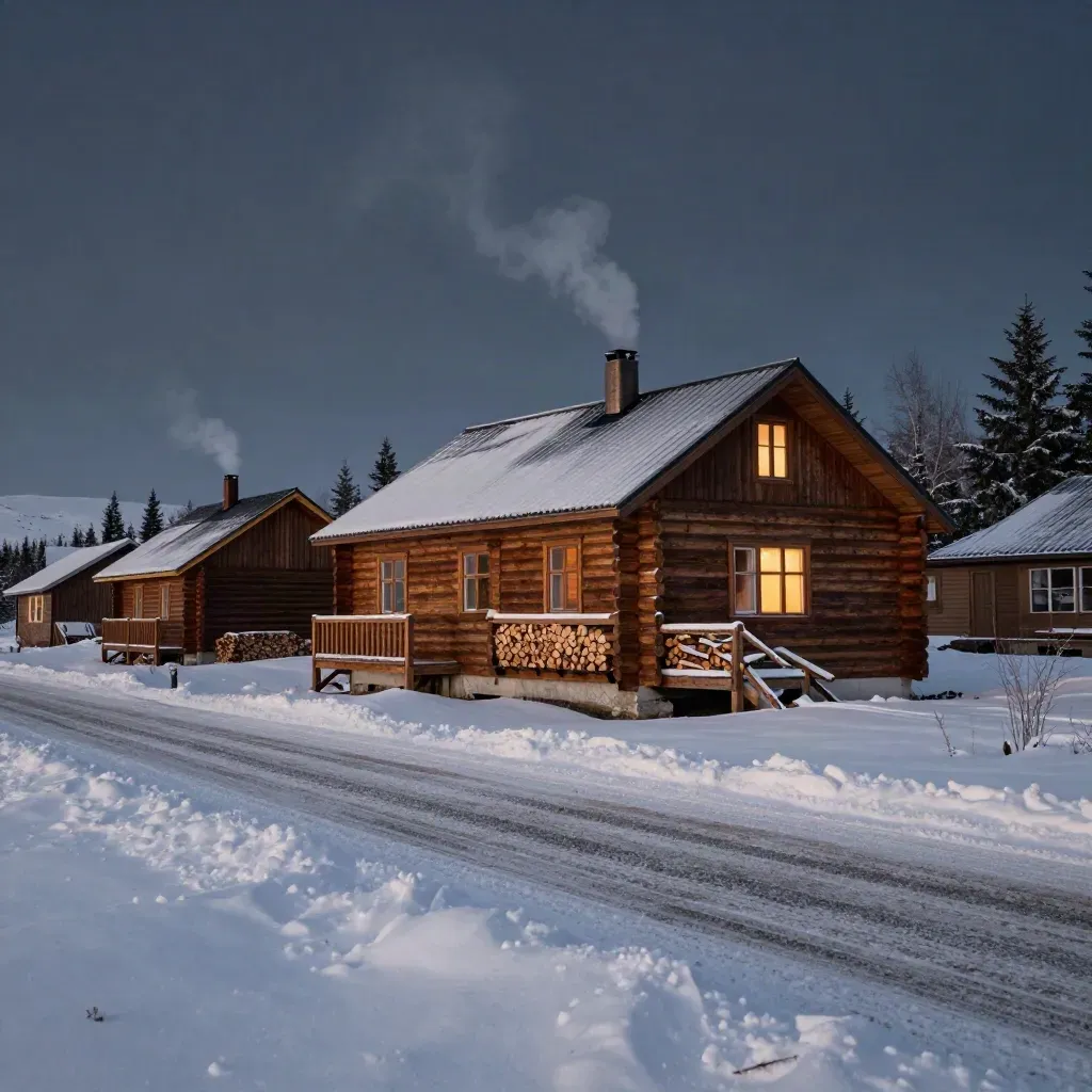 Lit Kenai cabin cluster with tire tracks, chimney smoke, and drifting snow at dusk.