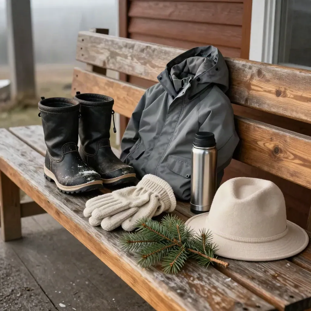 Seasonal travel kit on a timber bench with boots, shell, gloves, thermos, sun hat and spruce sprig.