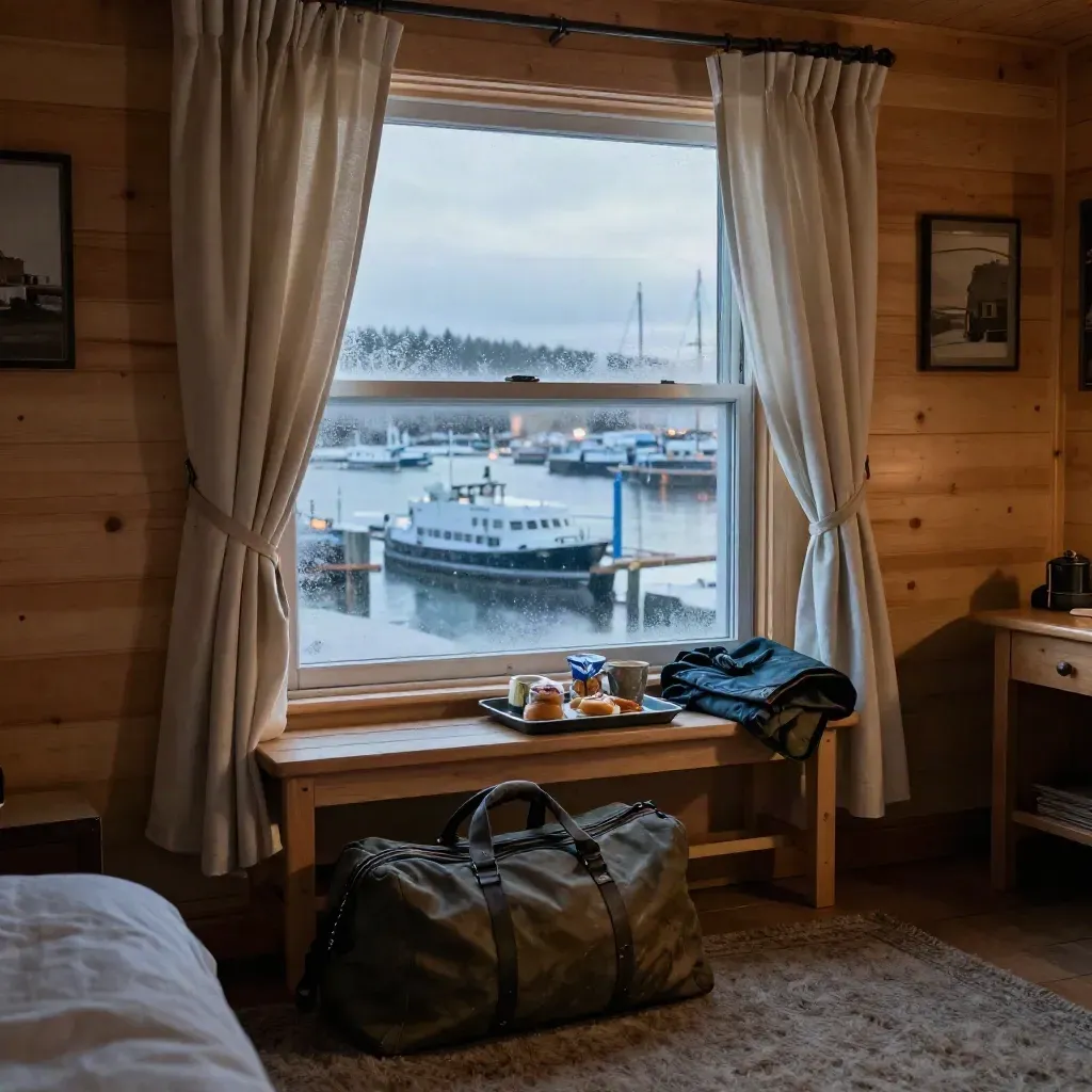 Seaward lodge room with duffel, rain jacket, breakfast tray, and harbor light at dawn