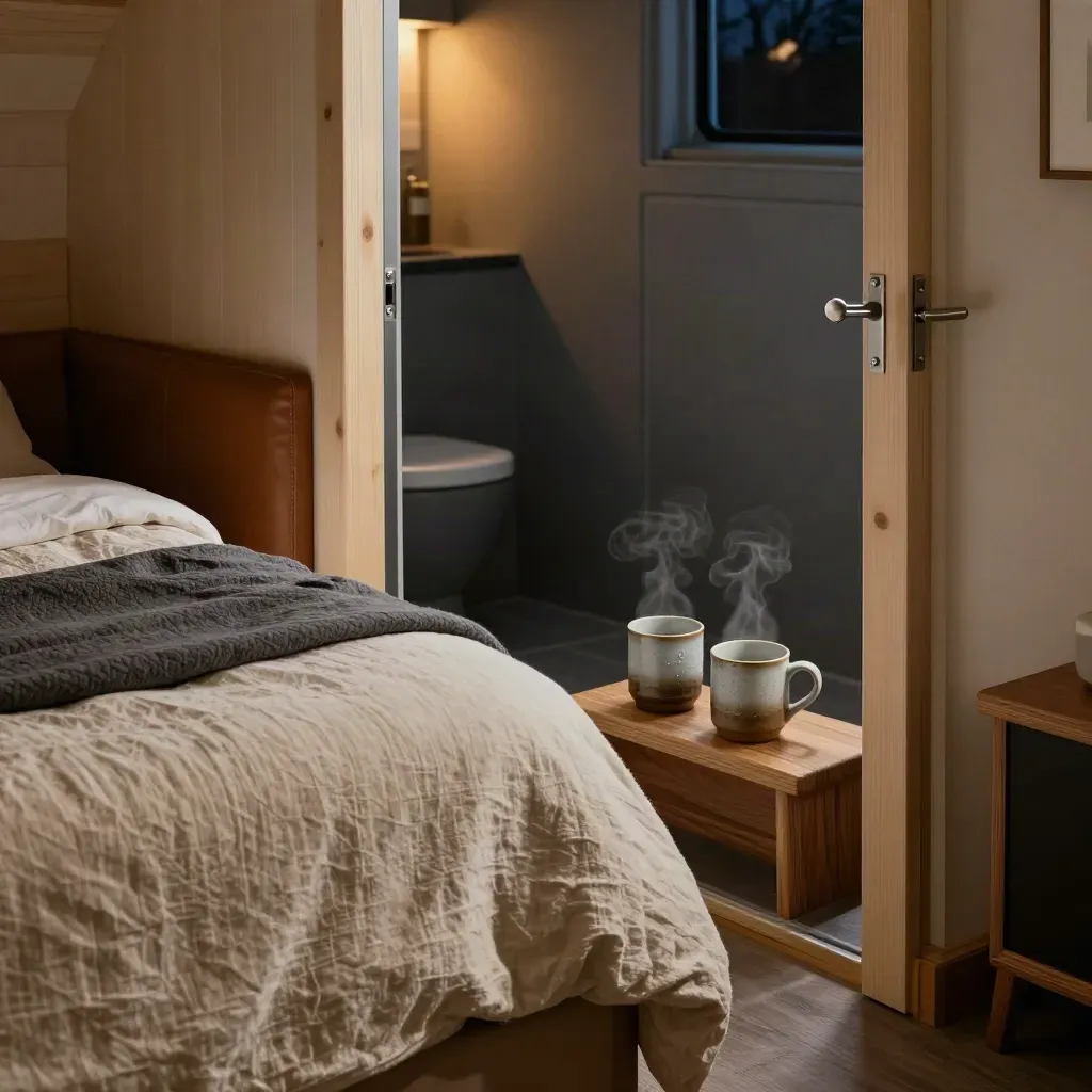 Cozy Homer cabin bed, mugs, bench, and bath door in warm lamplight