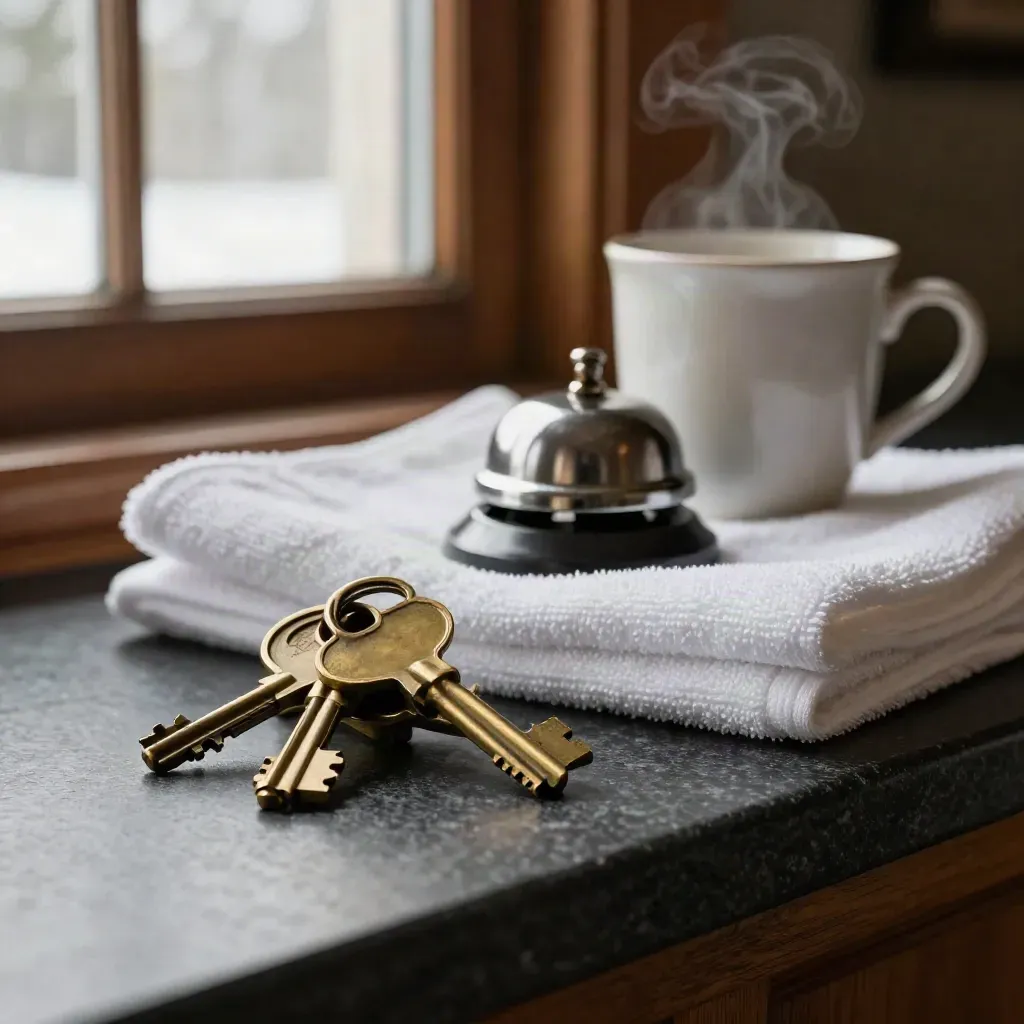 Brass room keys, folded white towels, mug, and service bell on a dark lodge counter.