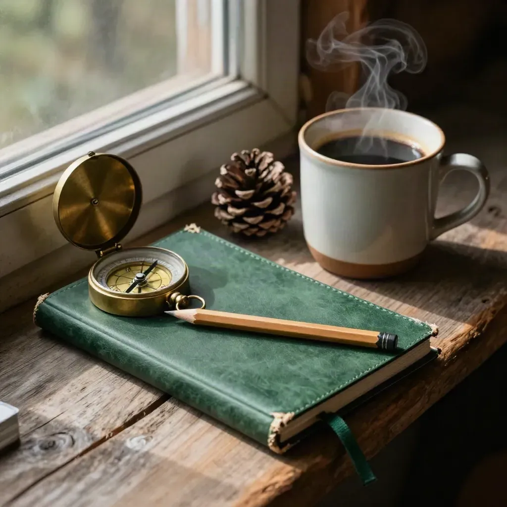 Weathered compass, green notebook, pencil, pinecone and coffee mug on a cabin windowsill with steam.