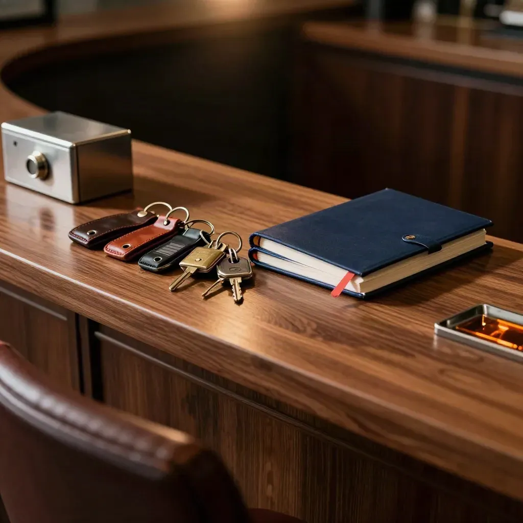 Keys and a closed navy notebook staged on a walnut ledge in dramatic lodge light