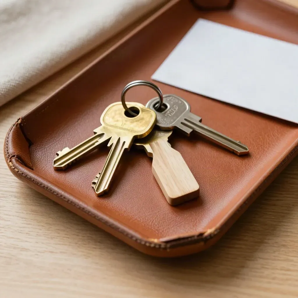 Brass cabin keys and a wooden token on a leather valet tray over pale oak.