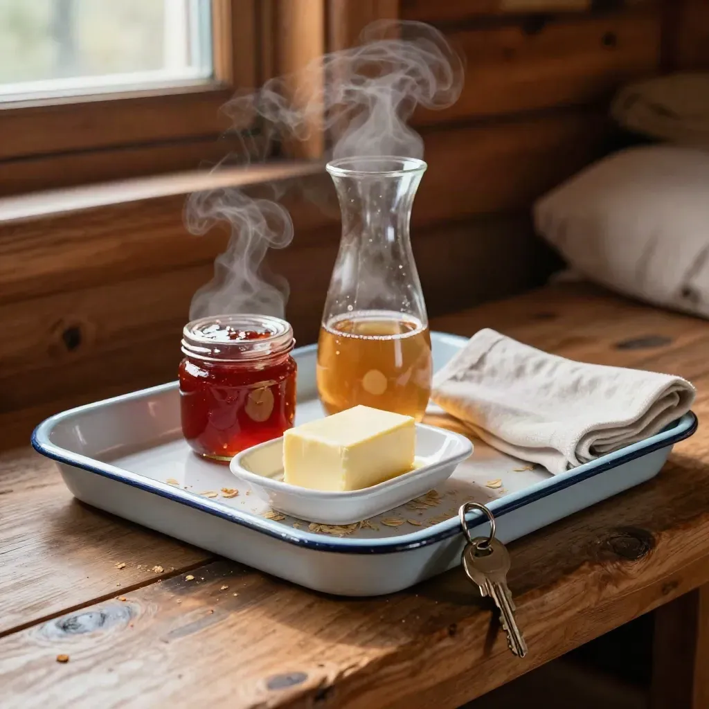Cabin breakfast tray with carafe, jam, butter, napkin and key ring in warm daylight.