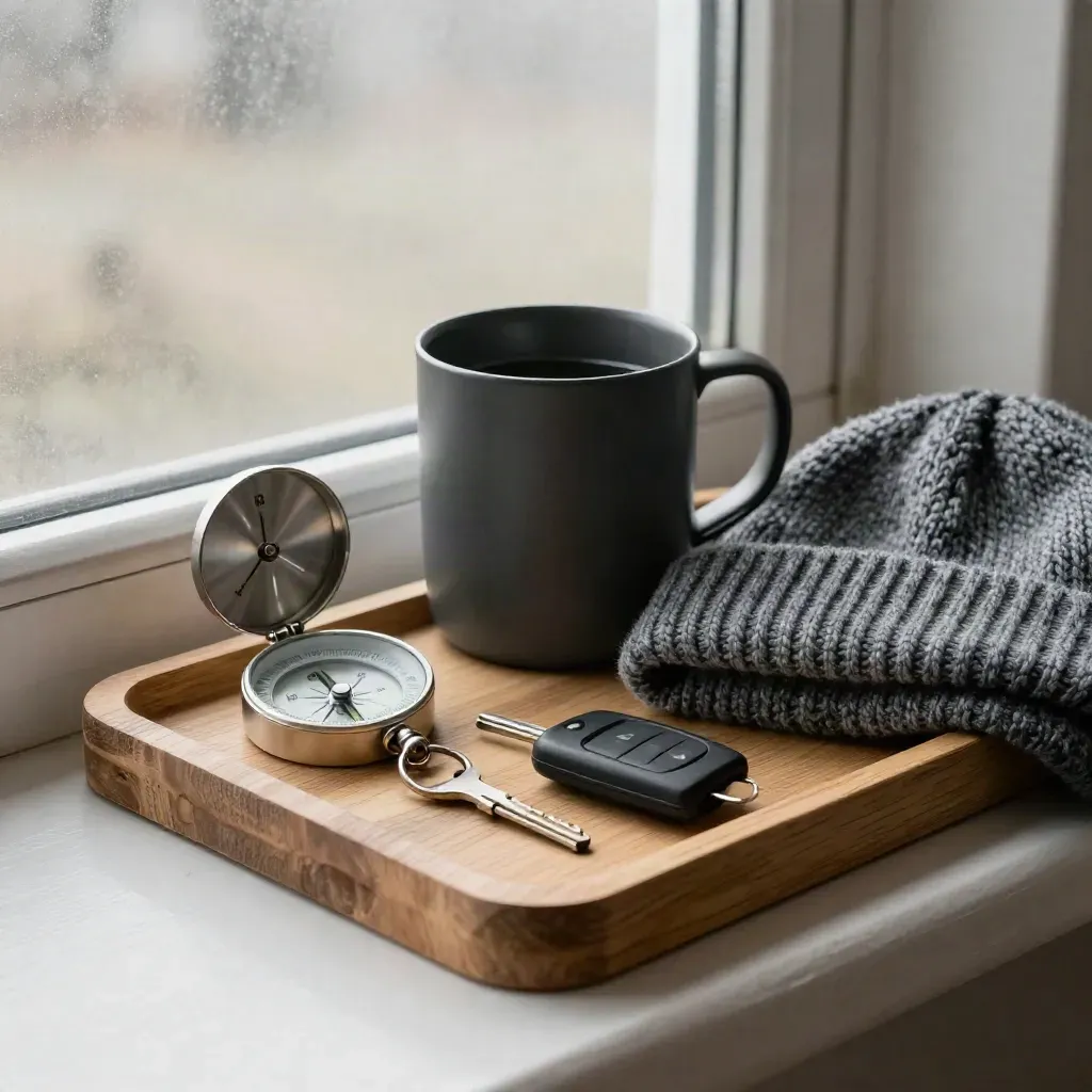 Compass, insulated mug, beanie and car key on a birch tray beside a fogged cabin window.