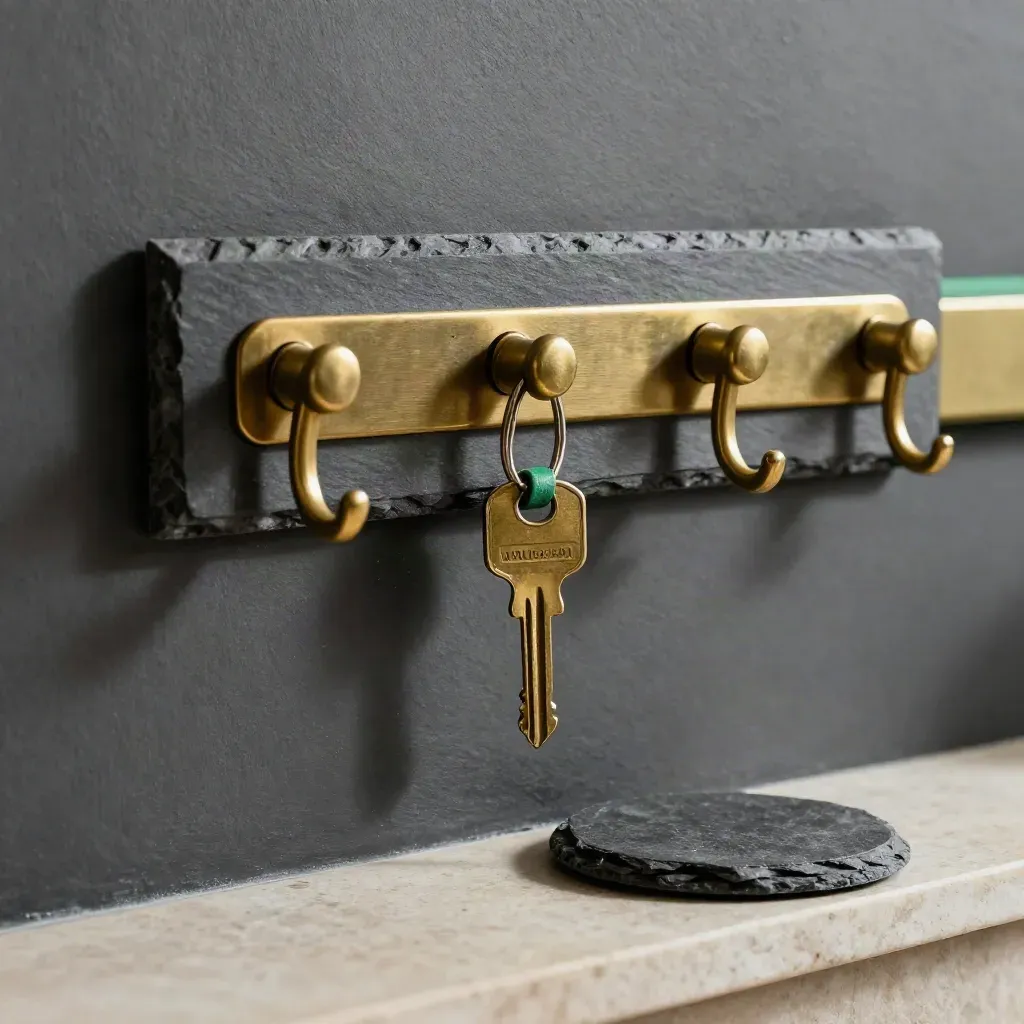 Brass key hooks with one key turned out and a slate coaster on stone.
