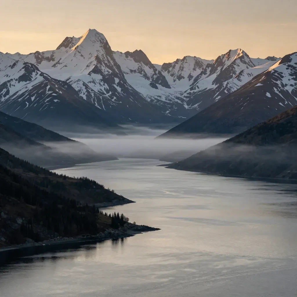 Turnagain Arm at dawn with snowy peaks, silver inlet water and fog for headline space