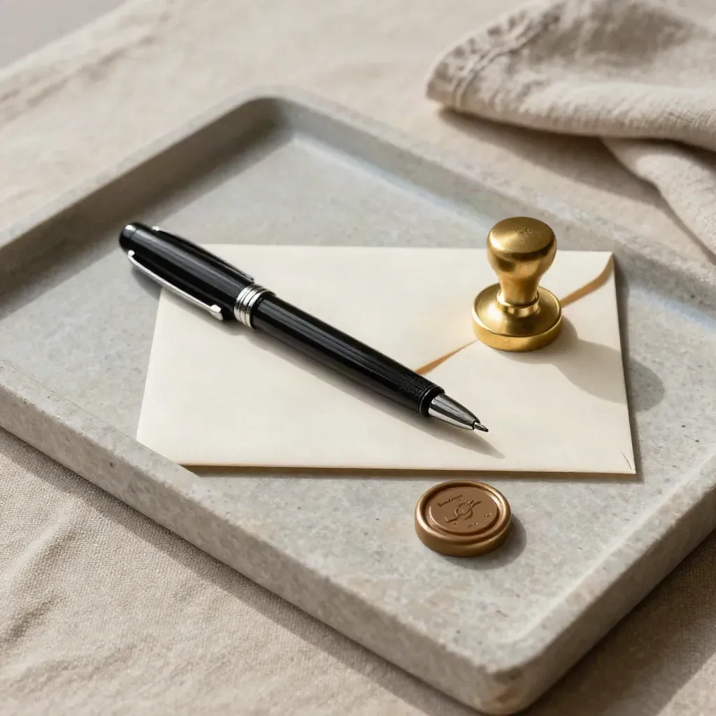 Envelope, pen, brass stamp, and wax puck on a linen runner
