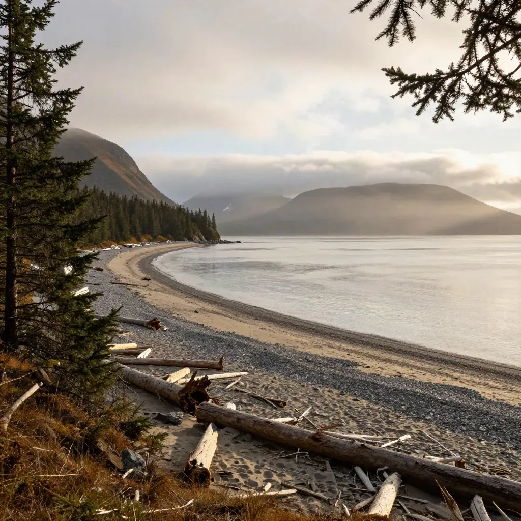 Golden-hour Kenai Peninsula bluff, spruce fringe, pale beach, and misty mountain walls over a calm inlet
