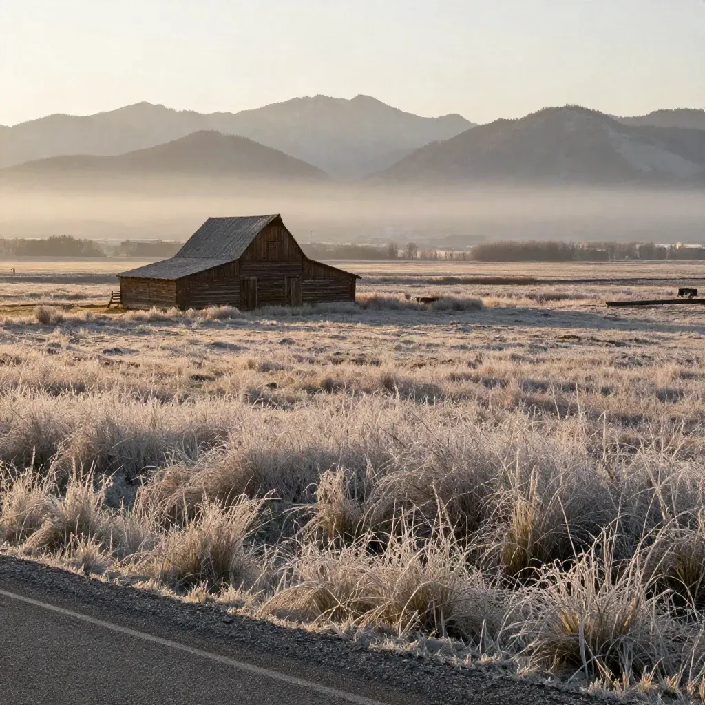 Sunrise over Mat-Su Valley with a lone timber barn, frosty fields, and distant ridges