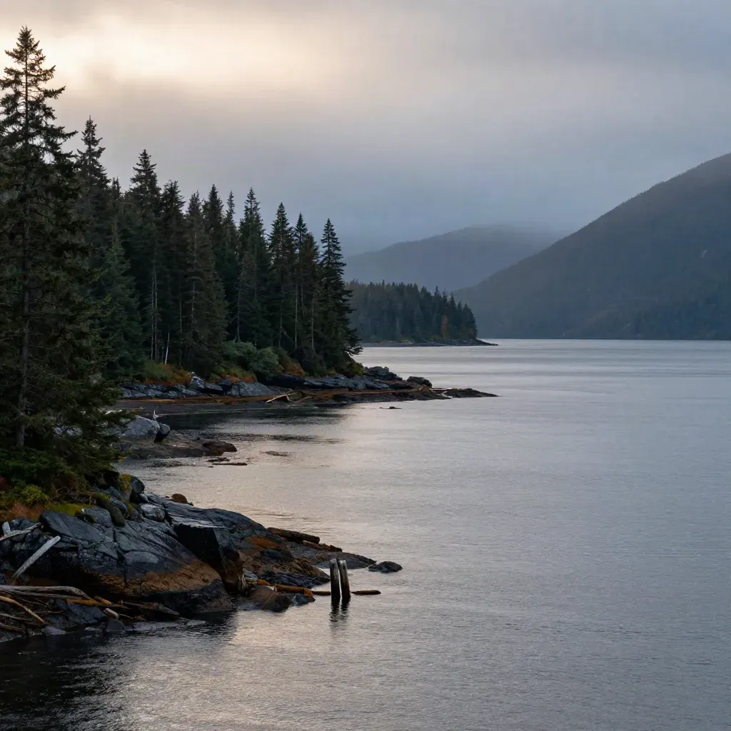 Misty Southeast Alaska fjord with cedar shoreline and layered islands at blue dusk